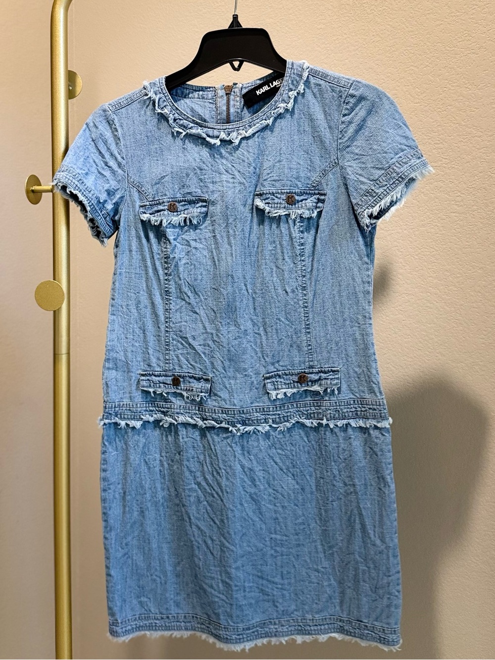 Karl Lagerfeld Light Blue Denim Frayed Trim Short Sleeve Dress